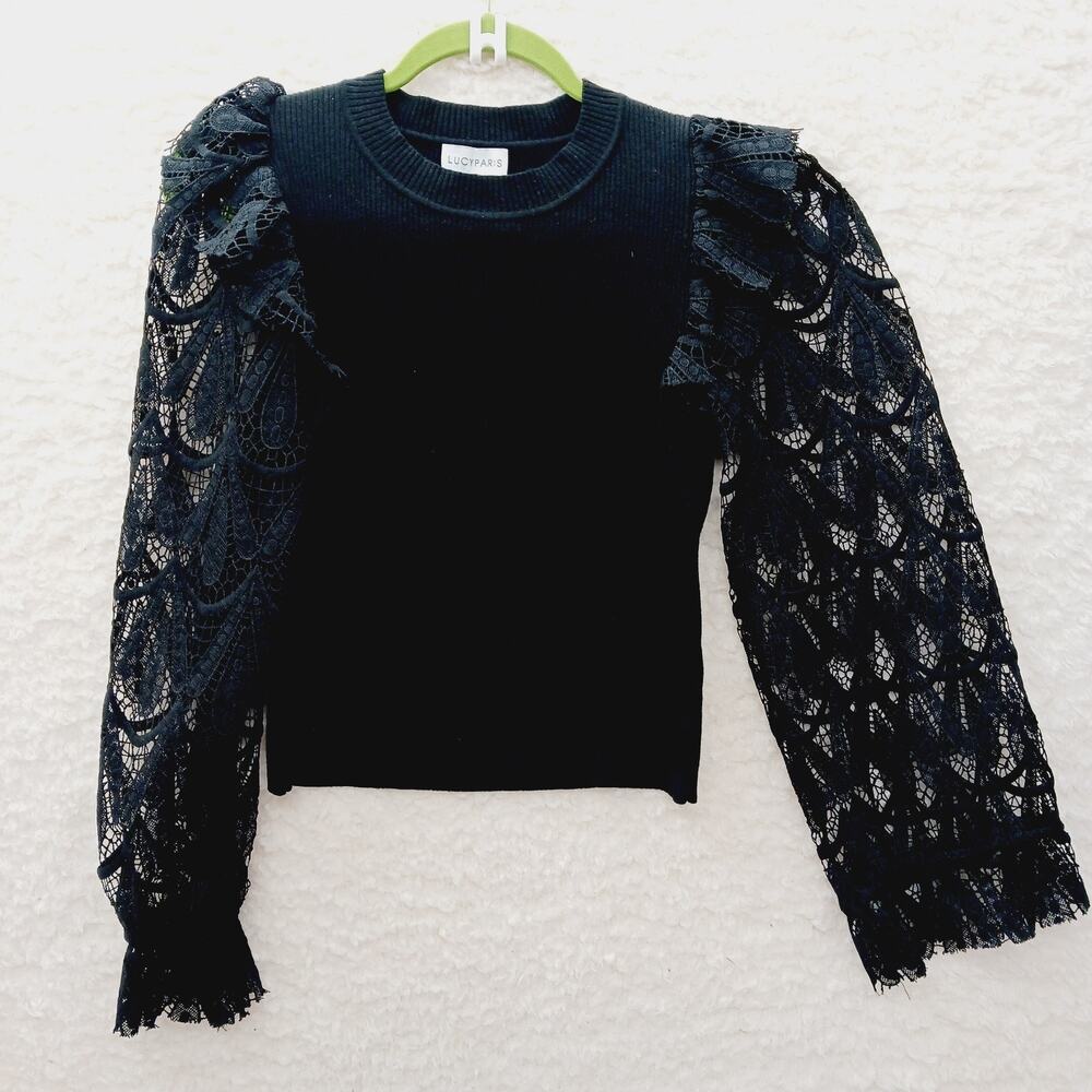 Sweater Blouse Lace Sleeve Black Rib Knit omantic Goth Coquette Fairy Witchy
